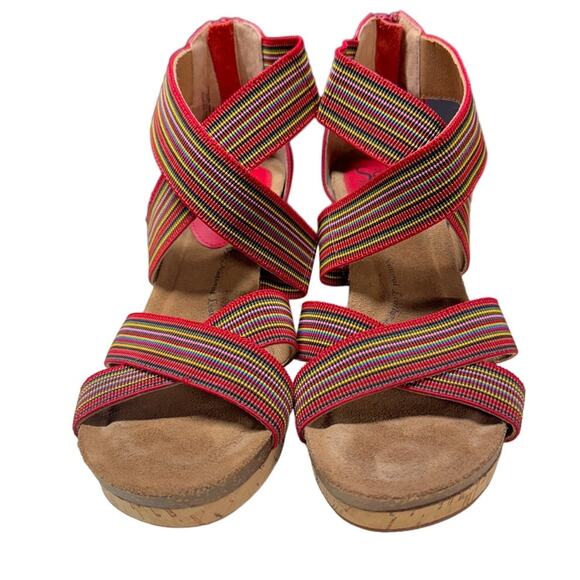 Sofft Cary Leather Strappy Red Rainbow Striped Cork Wedge Sandal Women 9 - Picture 2 of 7